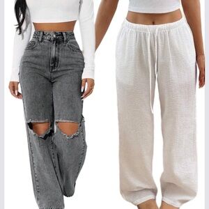 Stylish Gray Ripped Jeans and White Lounge Pants Set